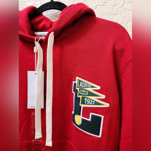 LACOSTE MEN'S HOODED COTTON FLEECE PENNANTS L BADGE - COLOR RED - Picture 5 of 9